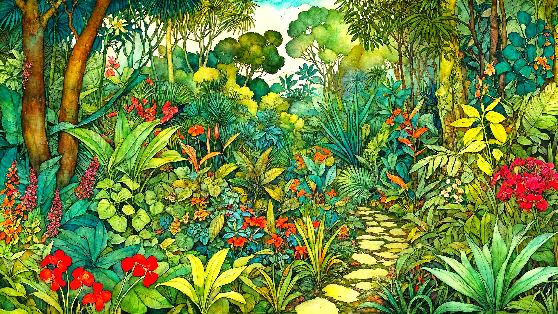 Lush Jungle Scene with Colorful Foliage and Flowers