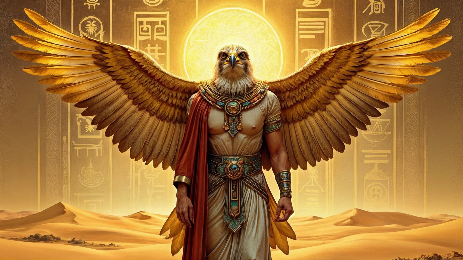 Majestic Falcon-Headed Deity in Desert Landscape
