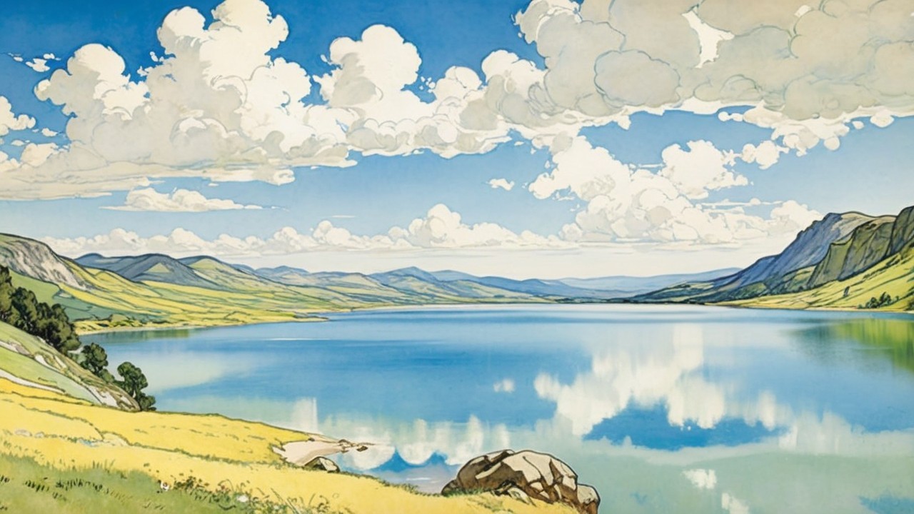 Tranquil Lake Surrounded by Lush Green Fields and Hills