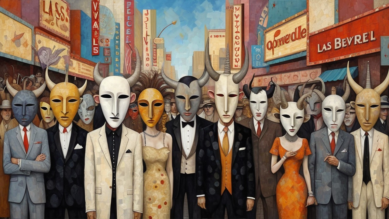 Crowd in Masks and Suits on Neon-Lit Street