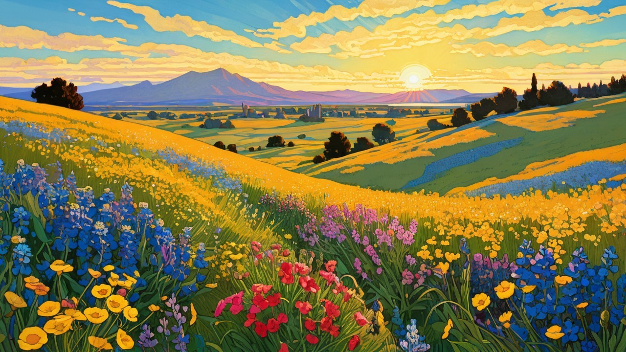 Vibrant Landscape Painting of Wildflowers and Hills