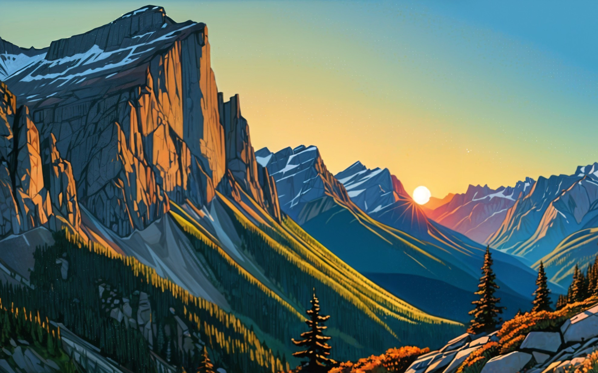 Mountain Landscape at Sunset with Lush Forests