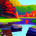 Vibrant Autumn Landscape with Serene River and Mountains