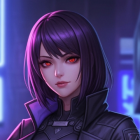 Confident Female Character with Dark Purple Hair and Red Eyes