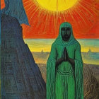 Mystical Scene with Figure in Green Robe and Angel