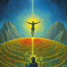 Vibrant Symbolic Landscape with Radiant Sun and Figures
