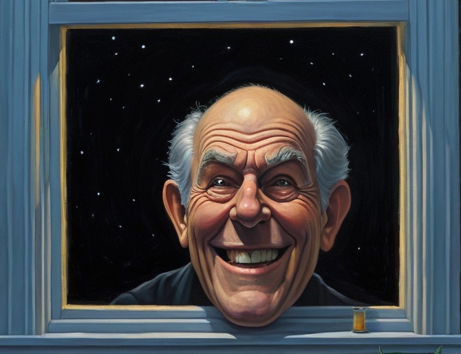 Whimsical Painting of Cheerful Elderly Man at Window
