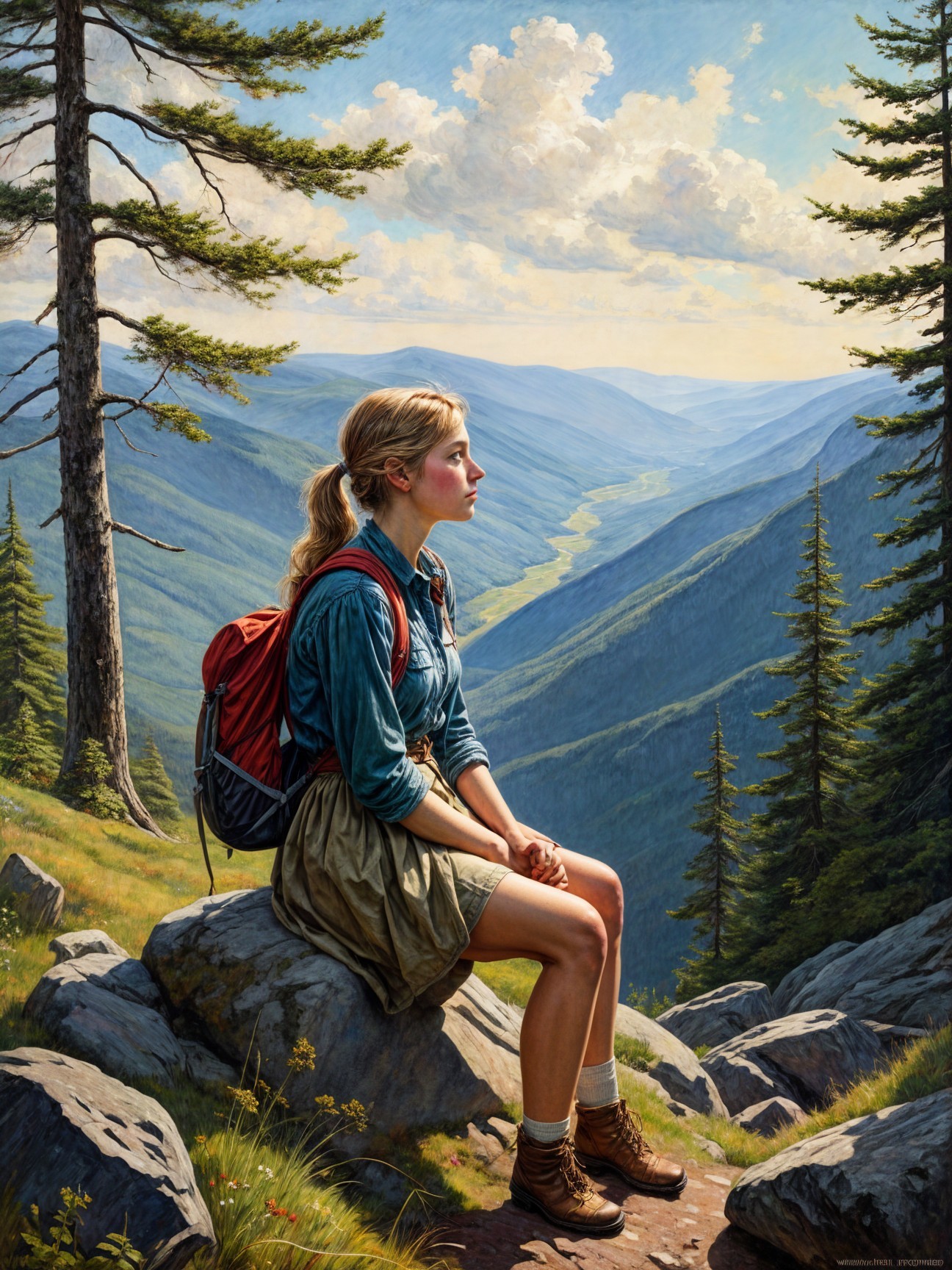 Young Woman in Hiking Gear Overlooking Scenic Valley