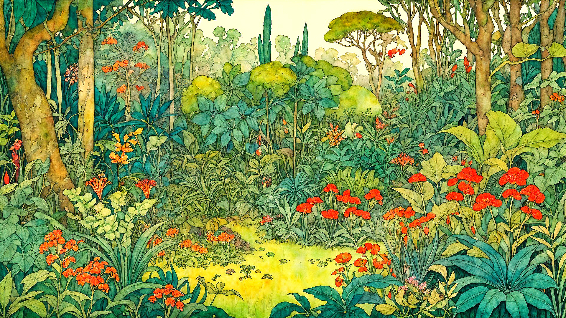 Lush Jungle Scene with Colorful Flowers and Trees