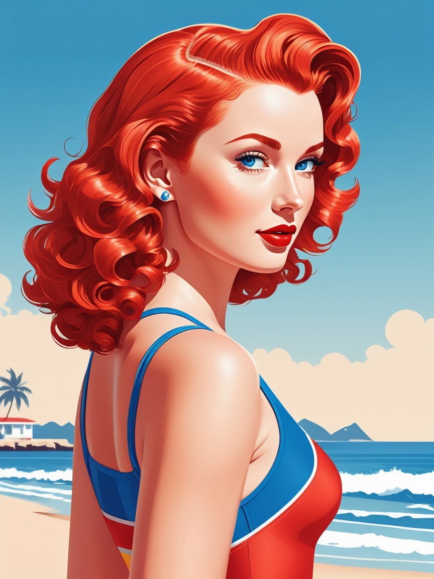 Glamorous Woman in Retro Swimsuit at Beach Scene