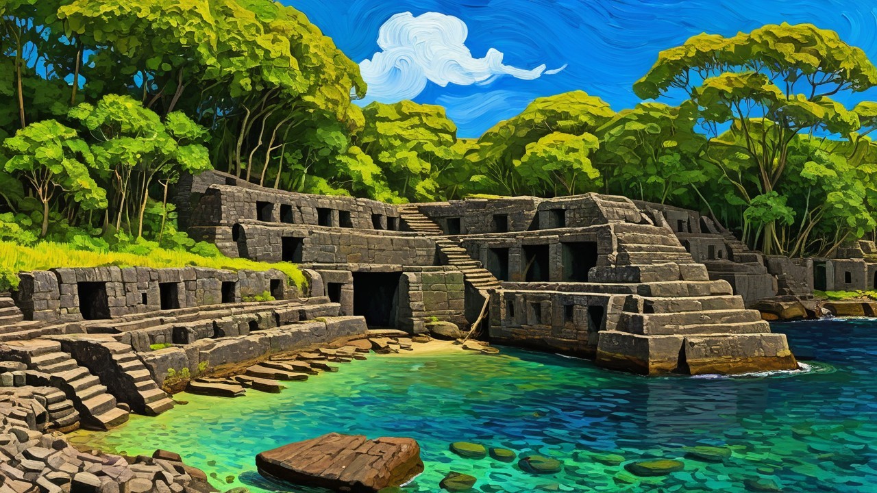 Ancient Stone Ruins by a Serene Coastal Landscape