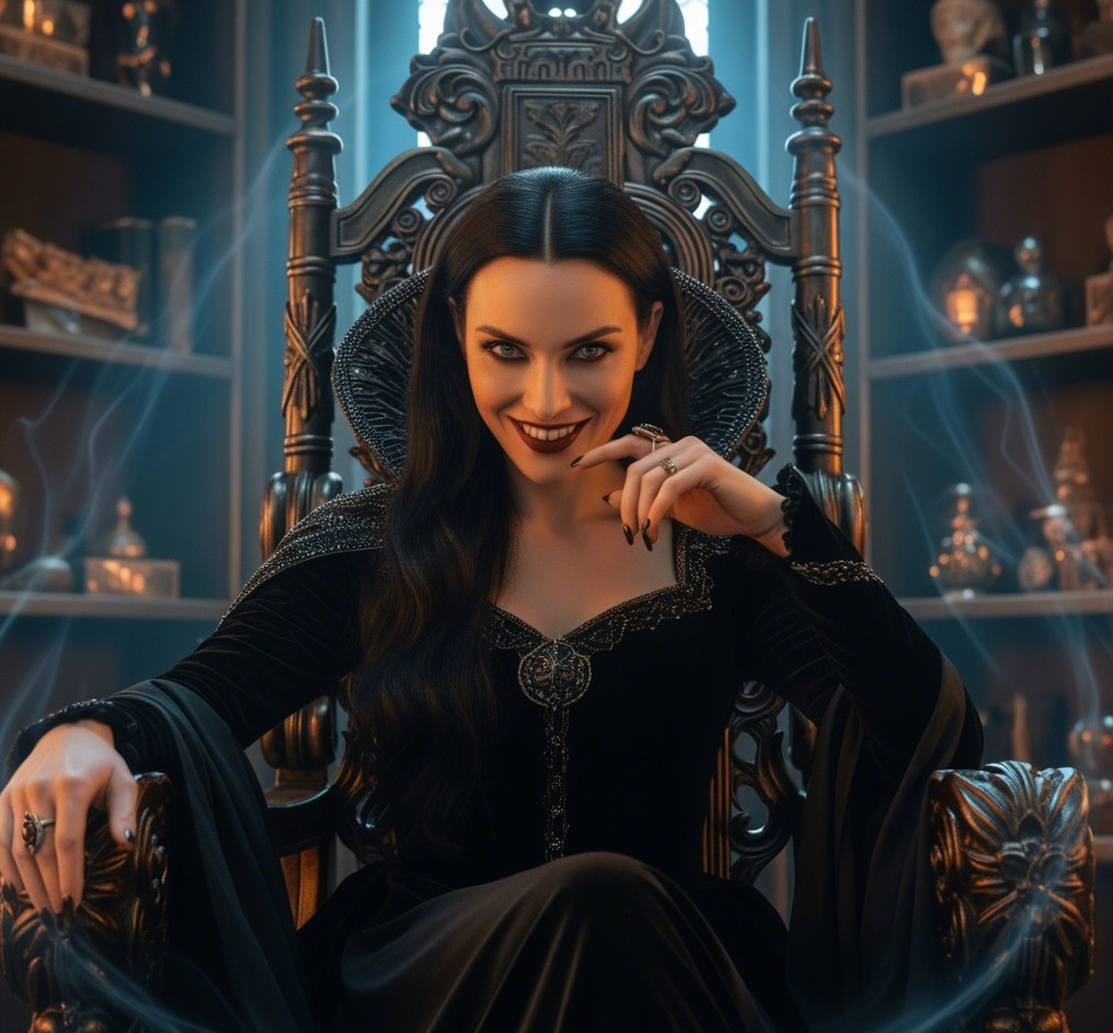 Woman in Black Gown on Ornate Throne Surrounded by Artifacts