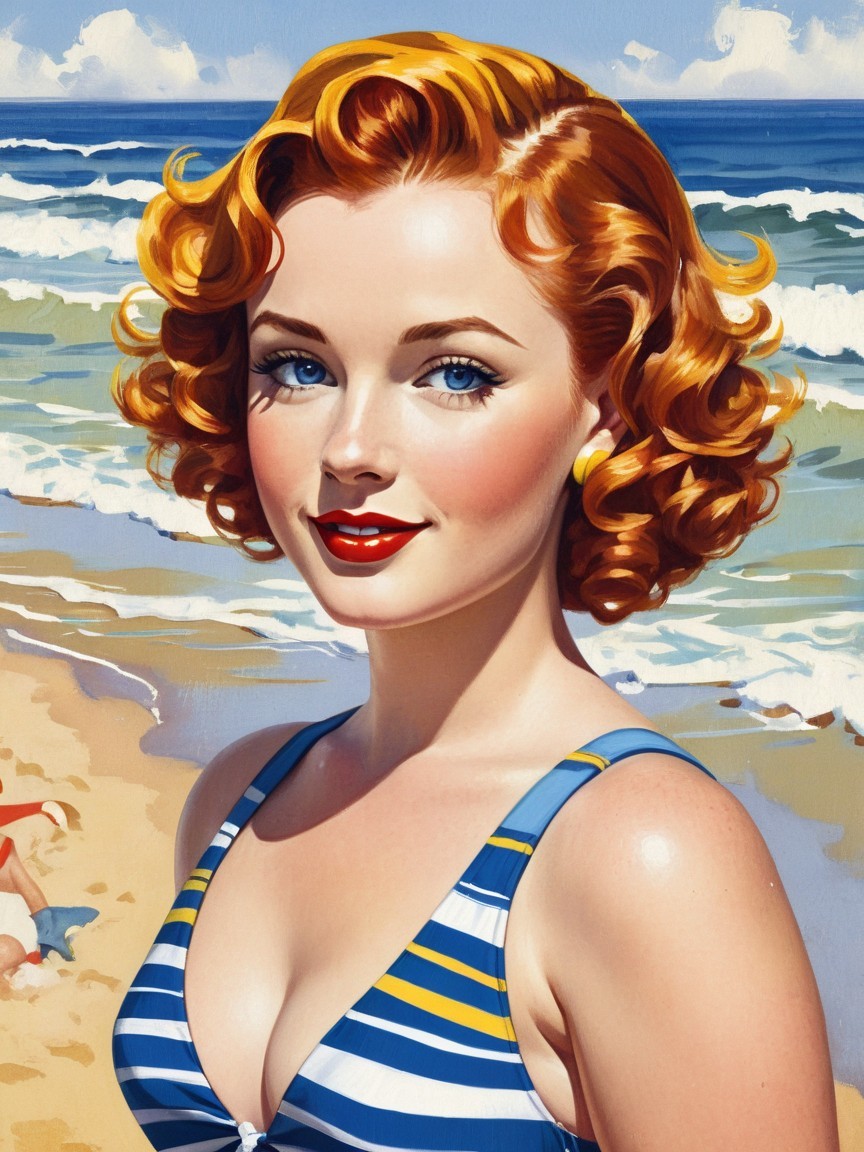 Glamorous Woman in Striped Swimsuit at Sunny Beach