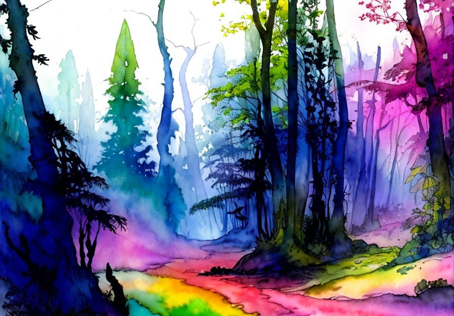 Vibrant Watercolor Landscape of a Mystical Forest