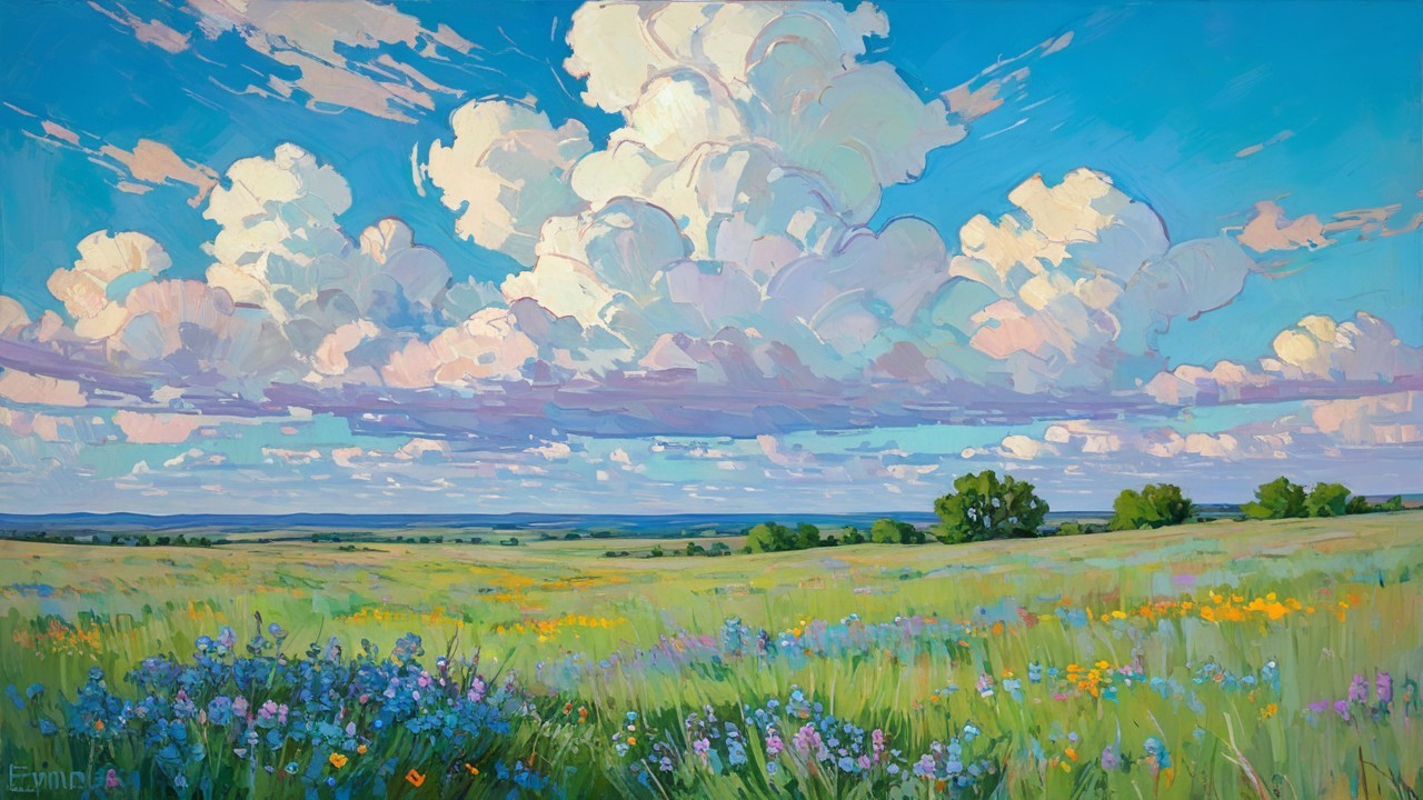 Vibrant Landscape with Green Field and Wildflowers