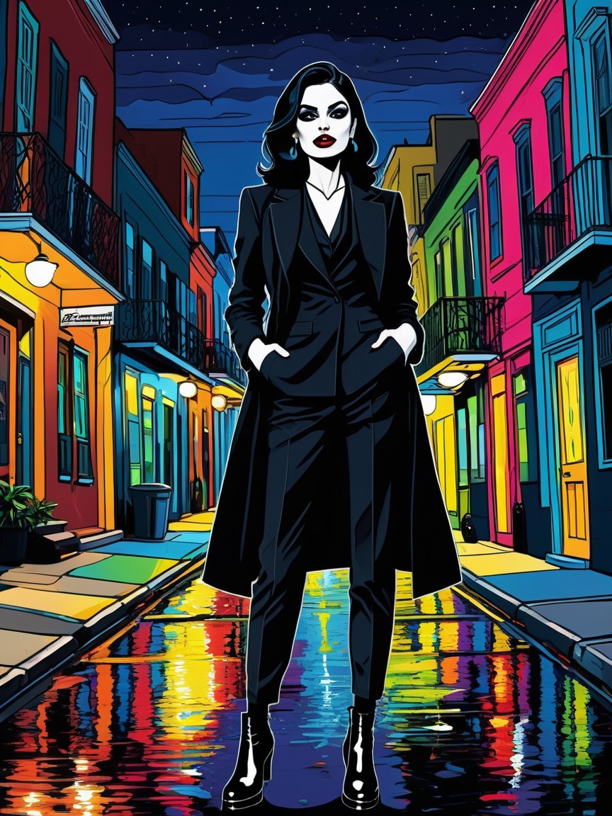 Woman in Black Outfit in Nighttime Alley Scene