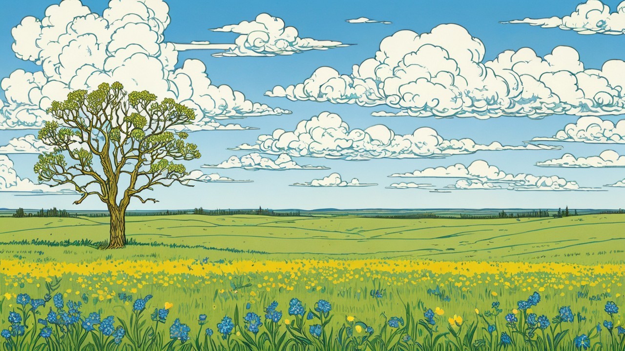 Lone Tree in Colorful Meadow Under Blue Sky