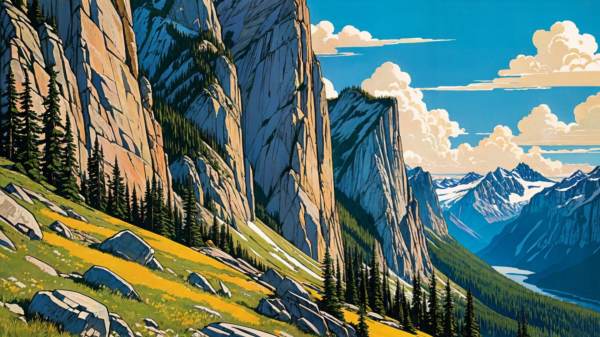 Vibrant Mountain Landscape with River and Evergreen Trees