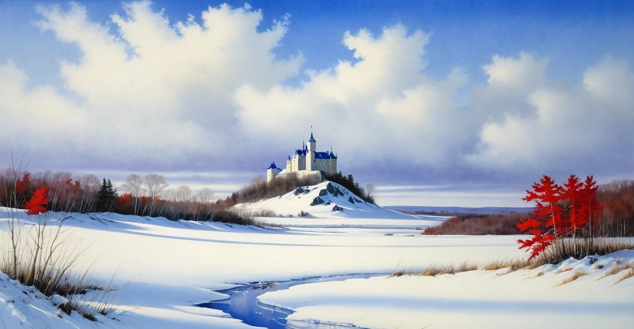 Castle on Snowy Hill in Serene Winter Landscape