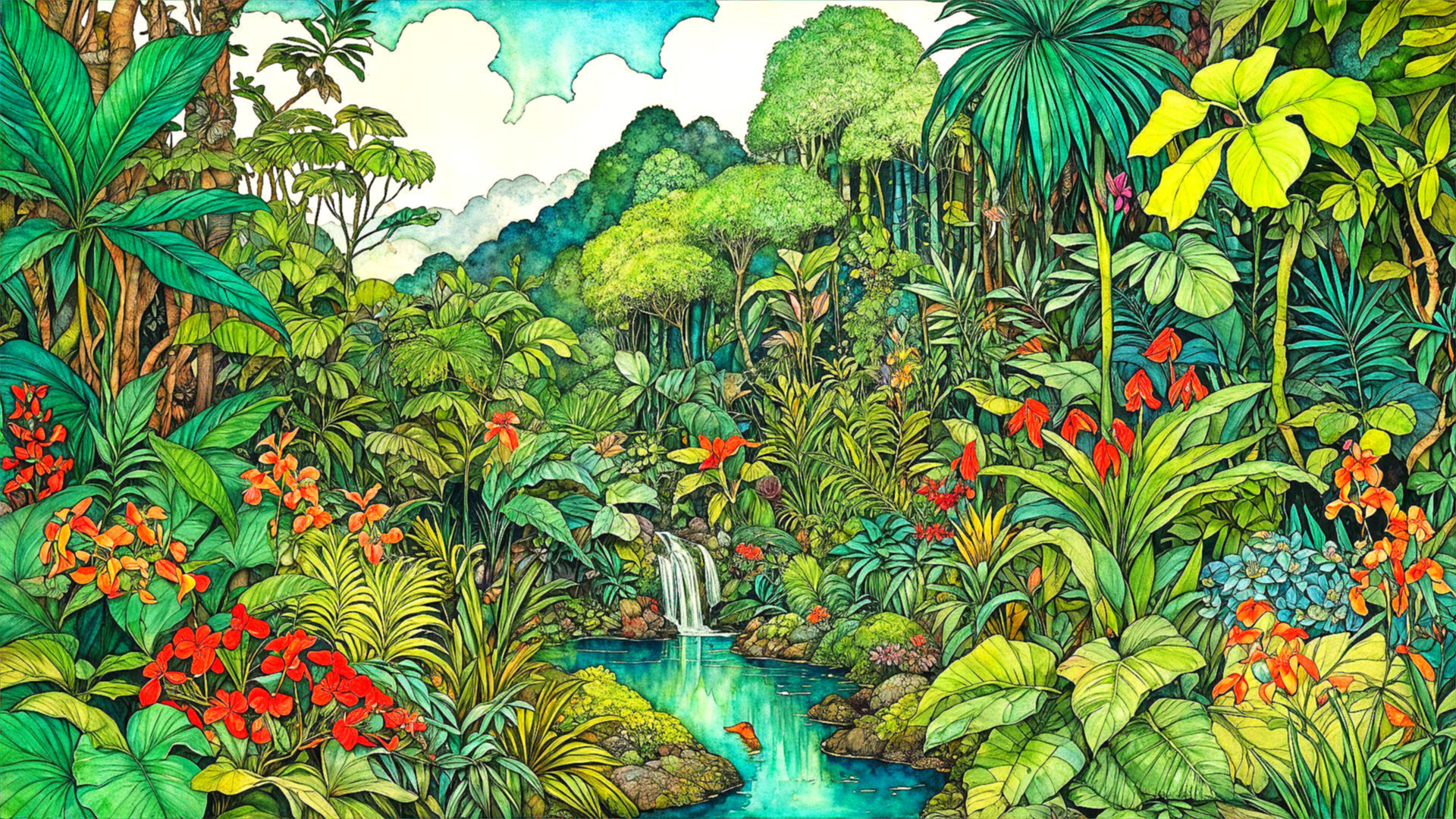 Vibrant Jungle Scene with Lush Greenery and Waterfall