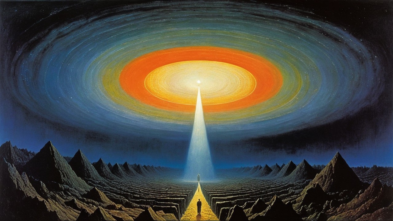 Surreal Landscape with Mountains and Multicolored Sun