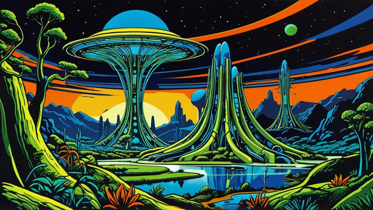 Surreal Landscape with Neon Colors and Spaceship