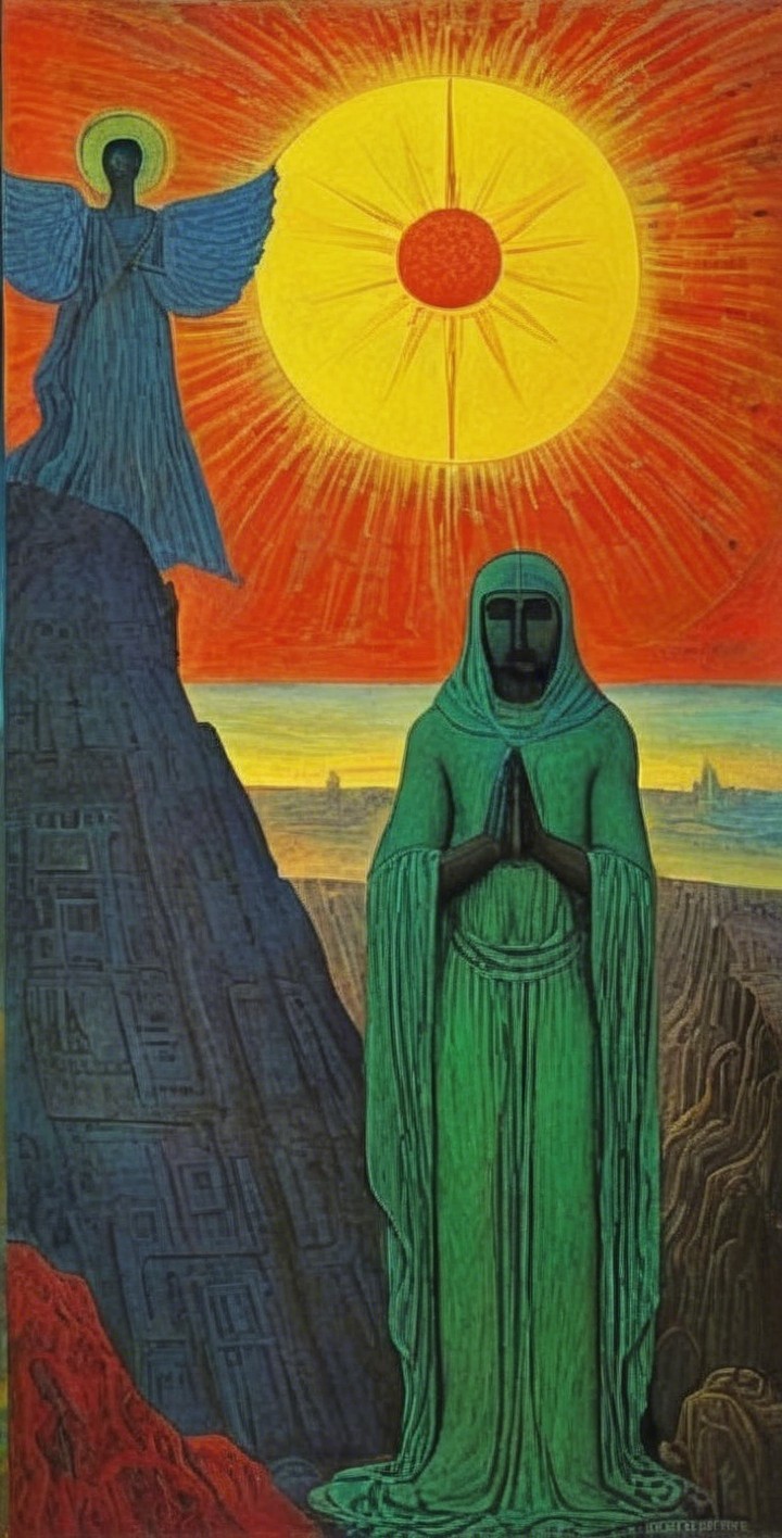 Mystical Scene with Figure in Green Robe and Angel