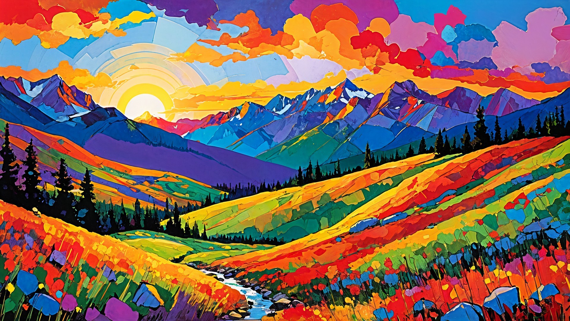 Vibrant Landscape with Colorful Wildflowers and Mountains