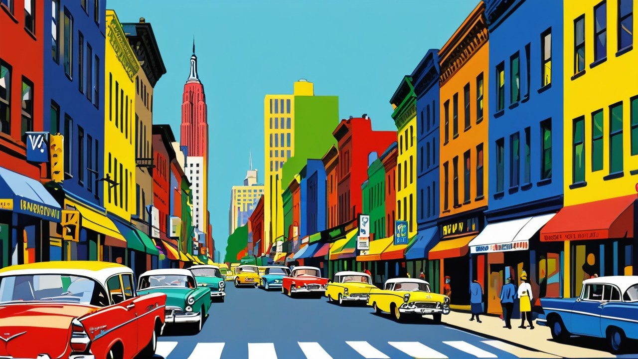 Vibrant City Street Scene with Colorful Buildings