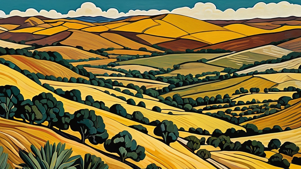Vibrant Landscape of Rolling Hills and Fields