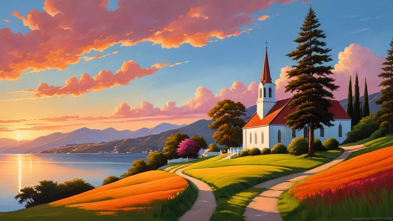 Serene Landscape with Quaint Church at Sunset
