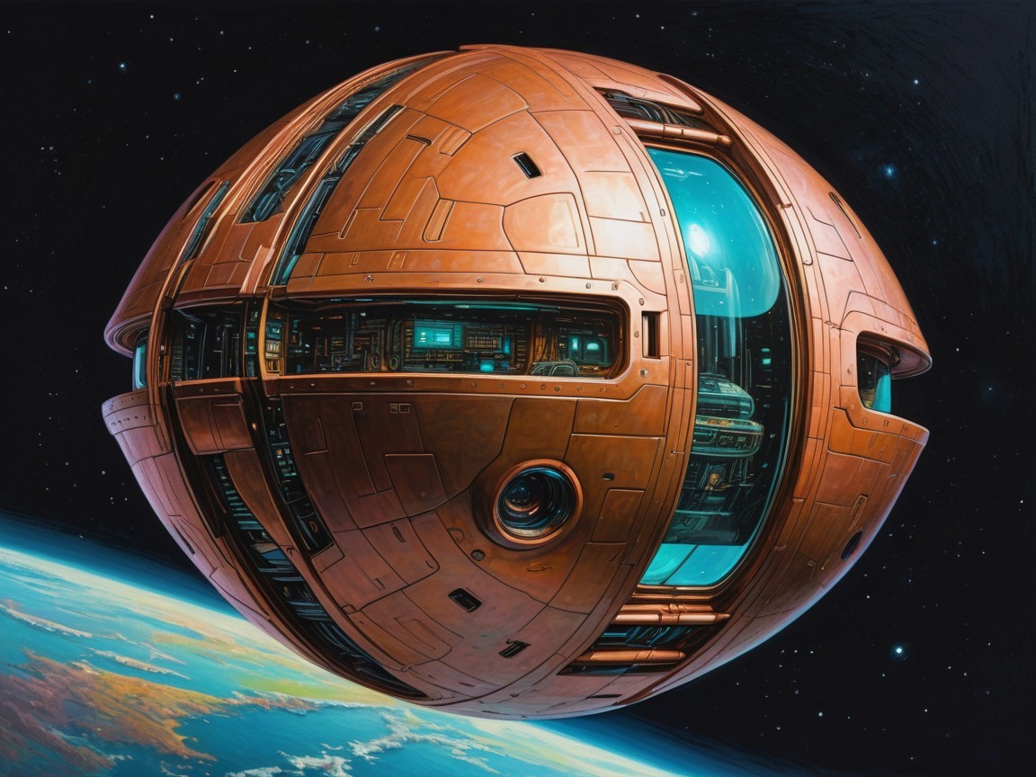 Futuristic Spherical Spacecraft Above Earth-like Planet