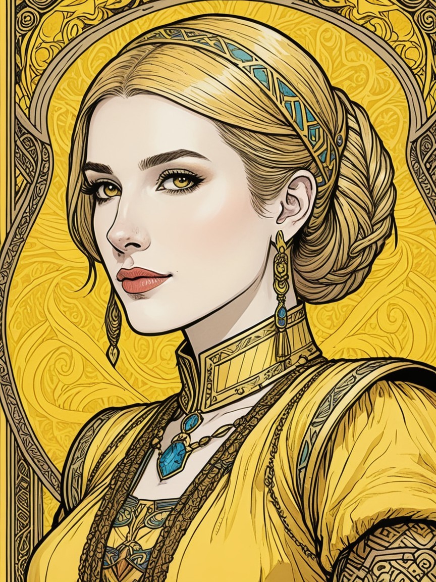 Illustration of a woman in a yellow gown with jewels