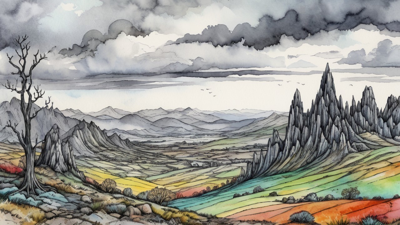 Watercolor Landscape of Mountains and Rolling Hills