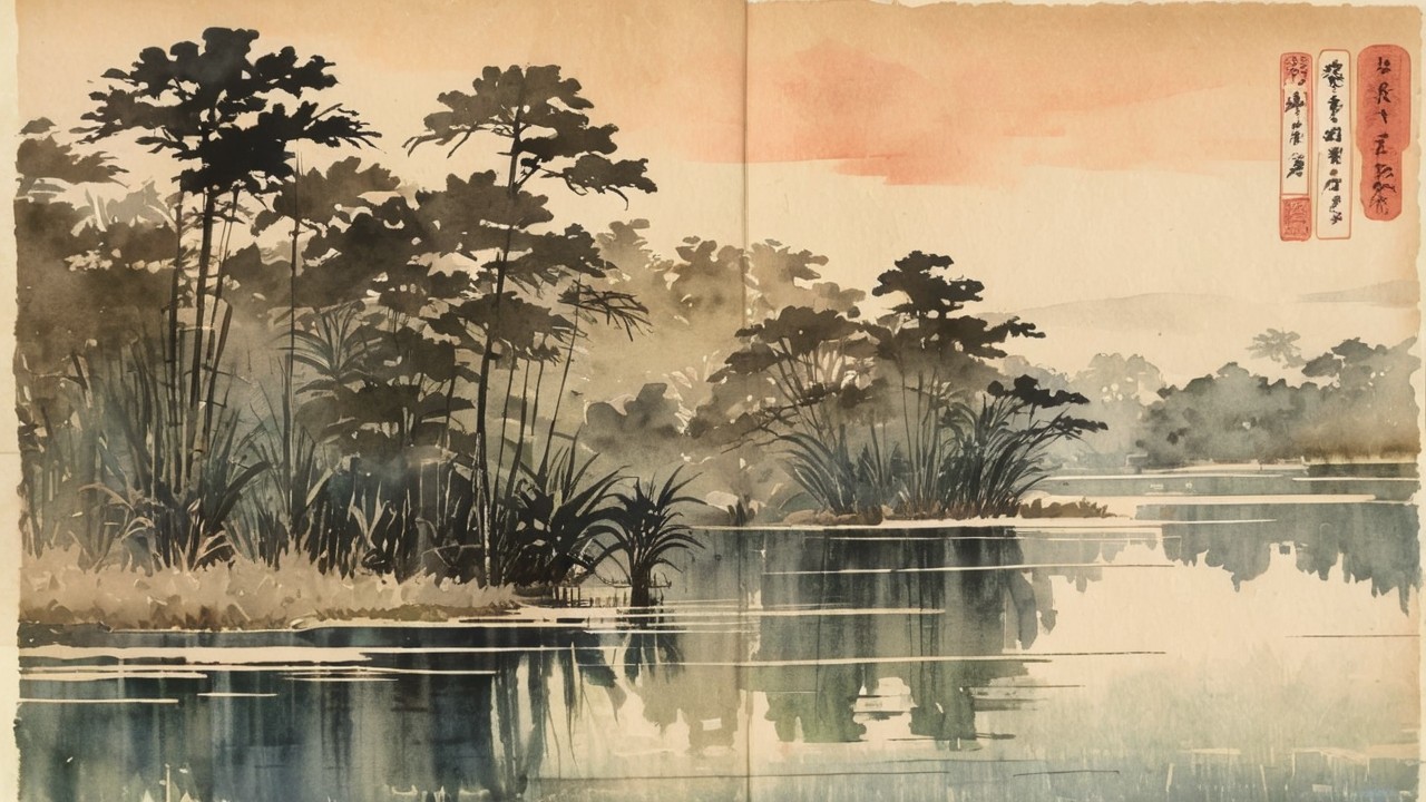 Watercolor Landscape of Grasses and Tree Reflections