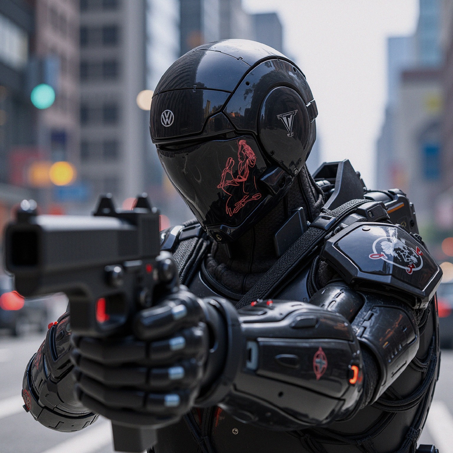 Futuristic Armored Robot in Neon Urban Landscape