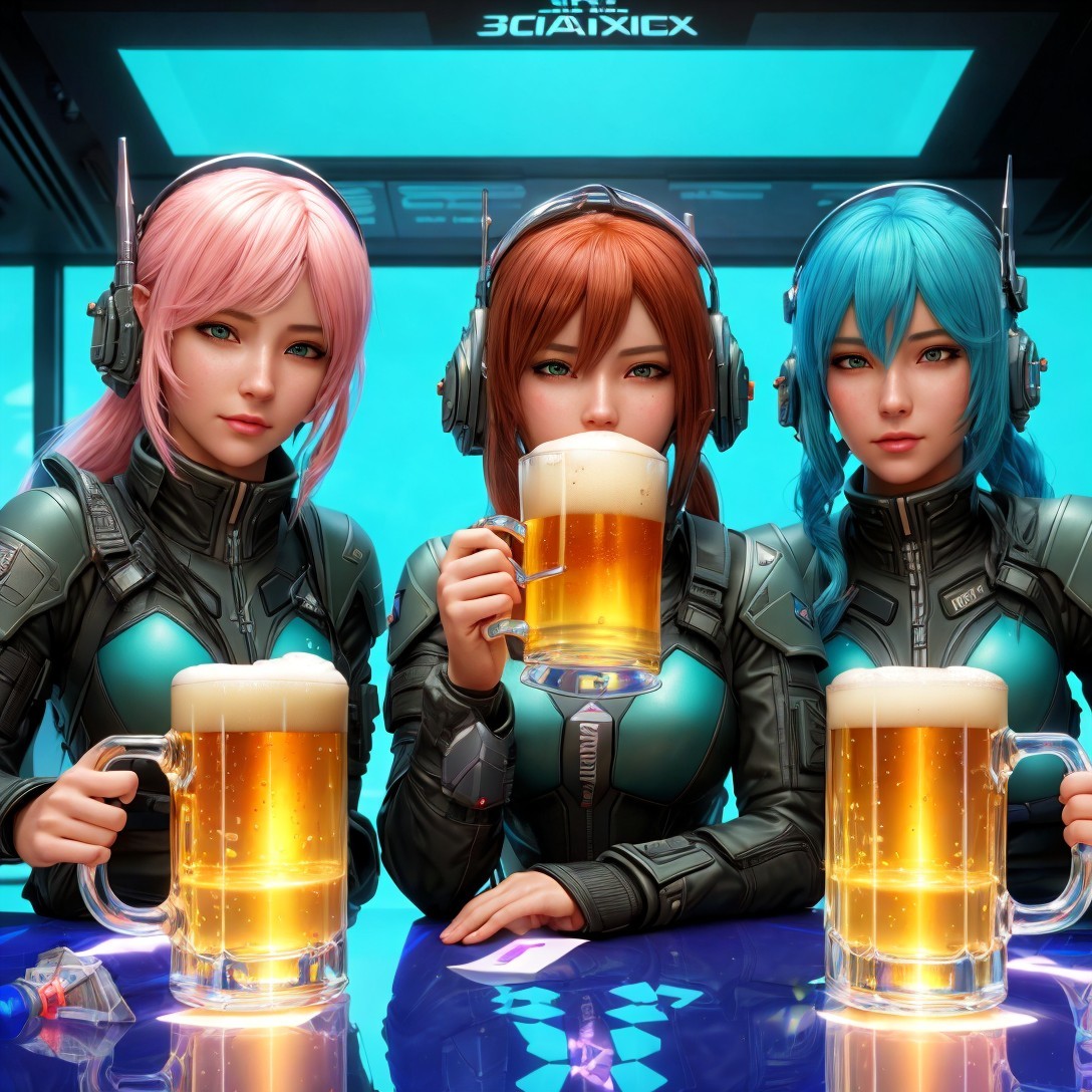 Futuristic female figures at a high-tech bar setting