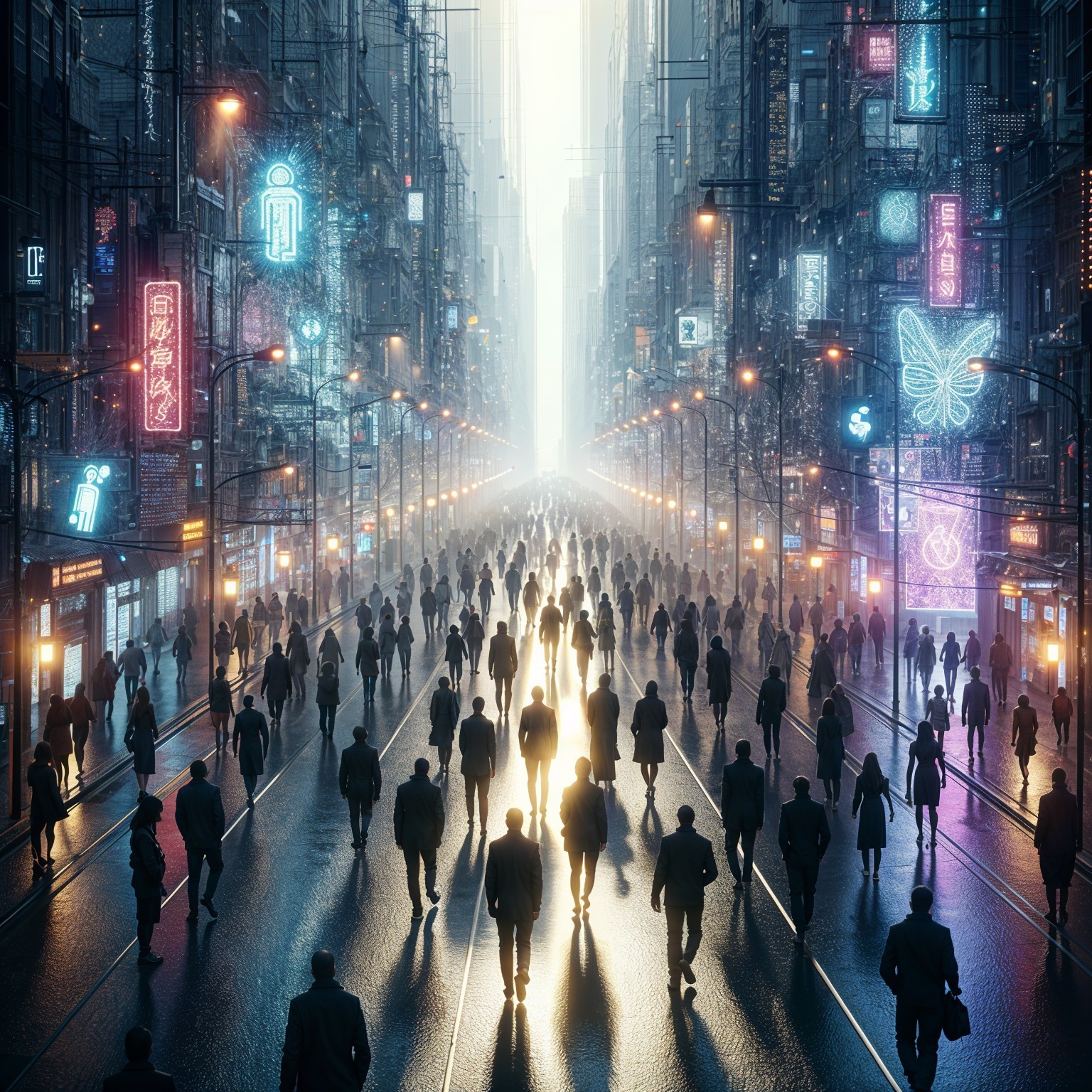 Futuristic Urban Landscape with Neon Lights and Skyscrapers