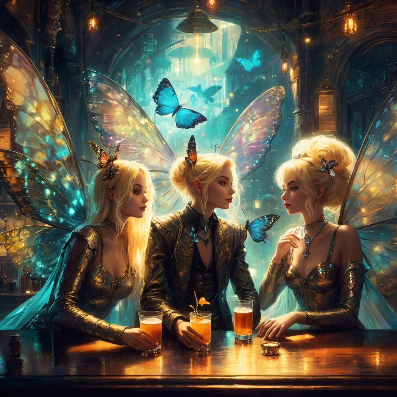 Fairies in a Magical Tavern with Colorful Cocktails