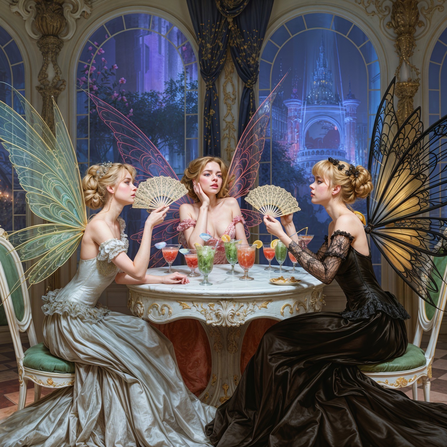 Three Fairies at a Lavish Table with Colorful Wings