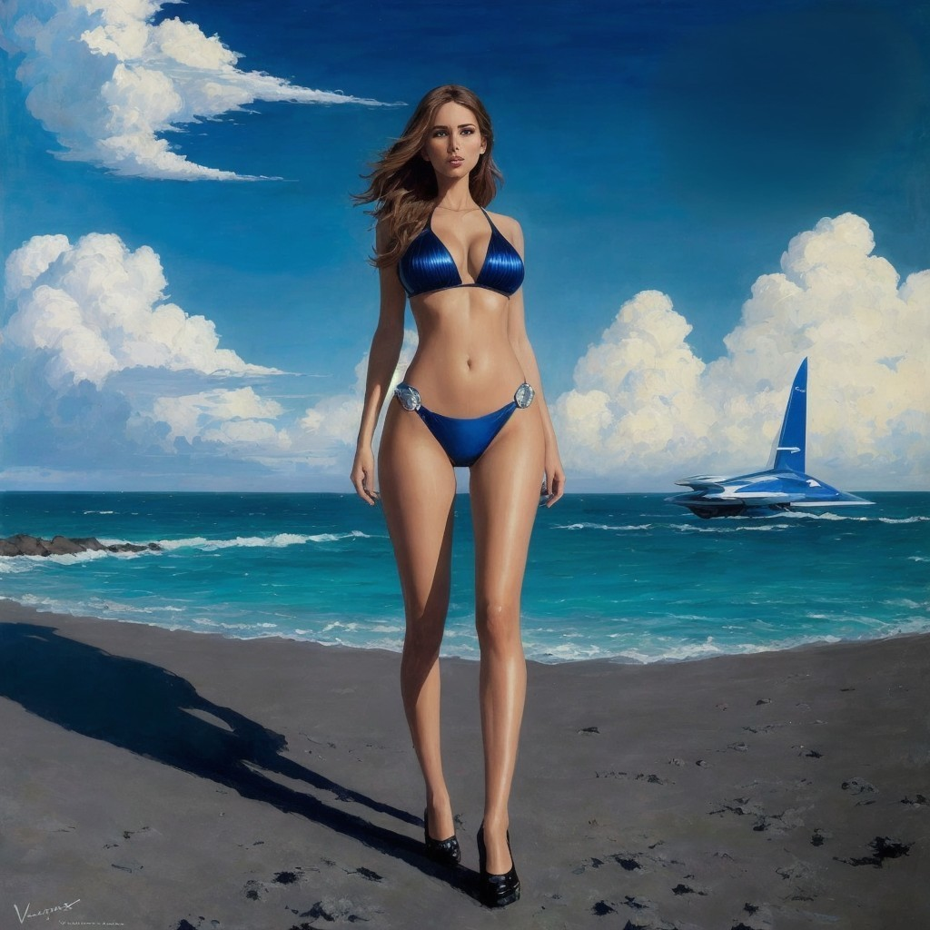 Tall Woman in Blue Bikini on Sandy Beach Scene