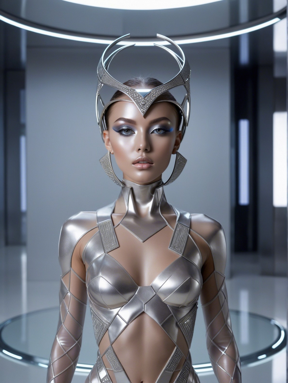 Futuristic figure in metallic bodysuit with crown headpiece