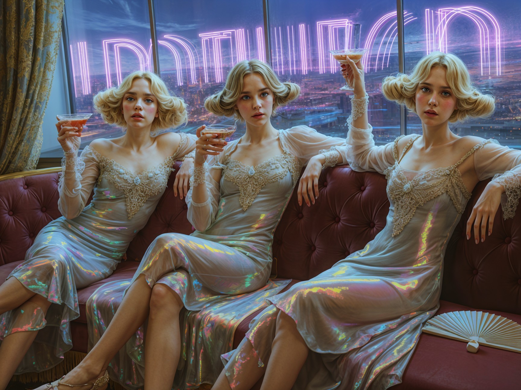 Elegant Women in Vintage Gowns at Stylish Lounge