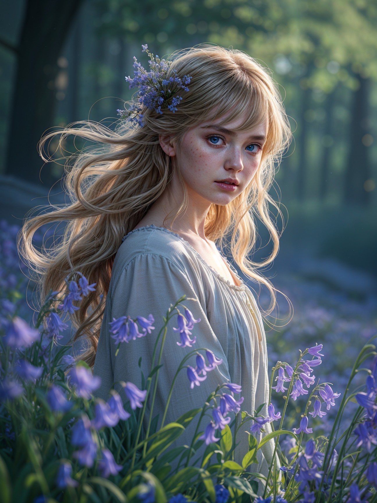 Young Woman in Bluebell Field with Sunlit Background