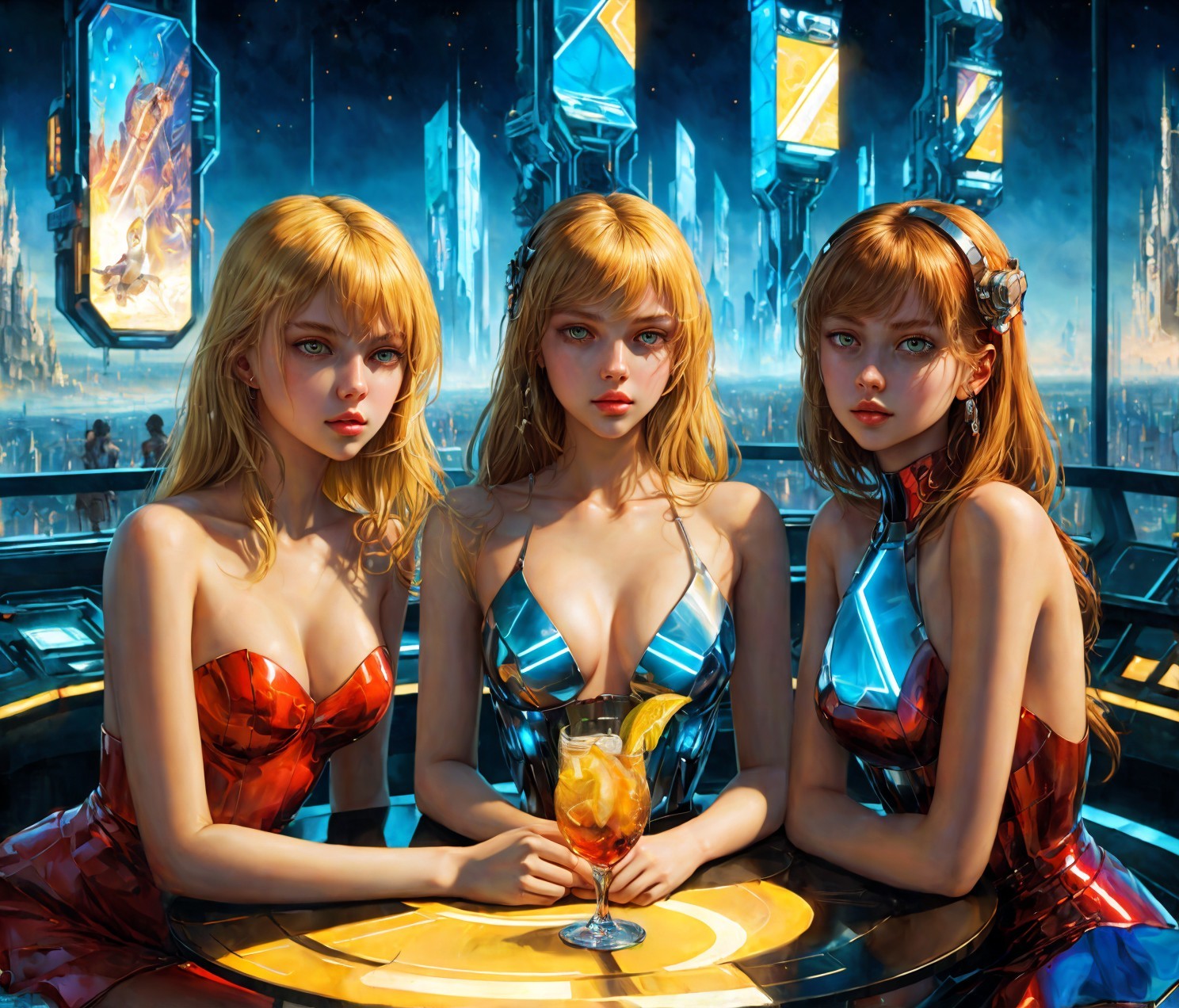 Futuristic women at illuminated bar in vibrant outfits