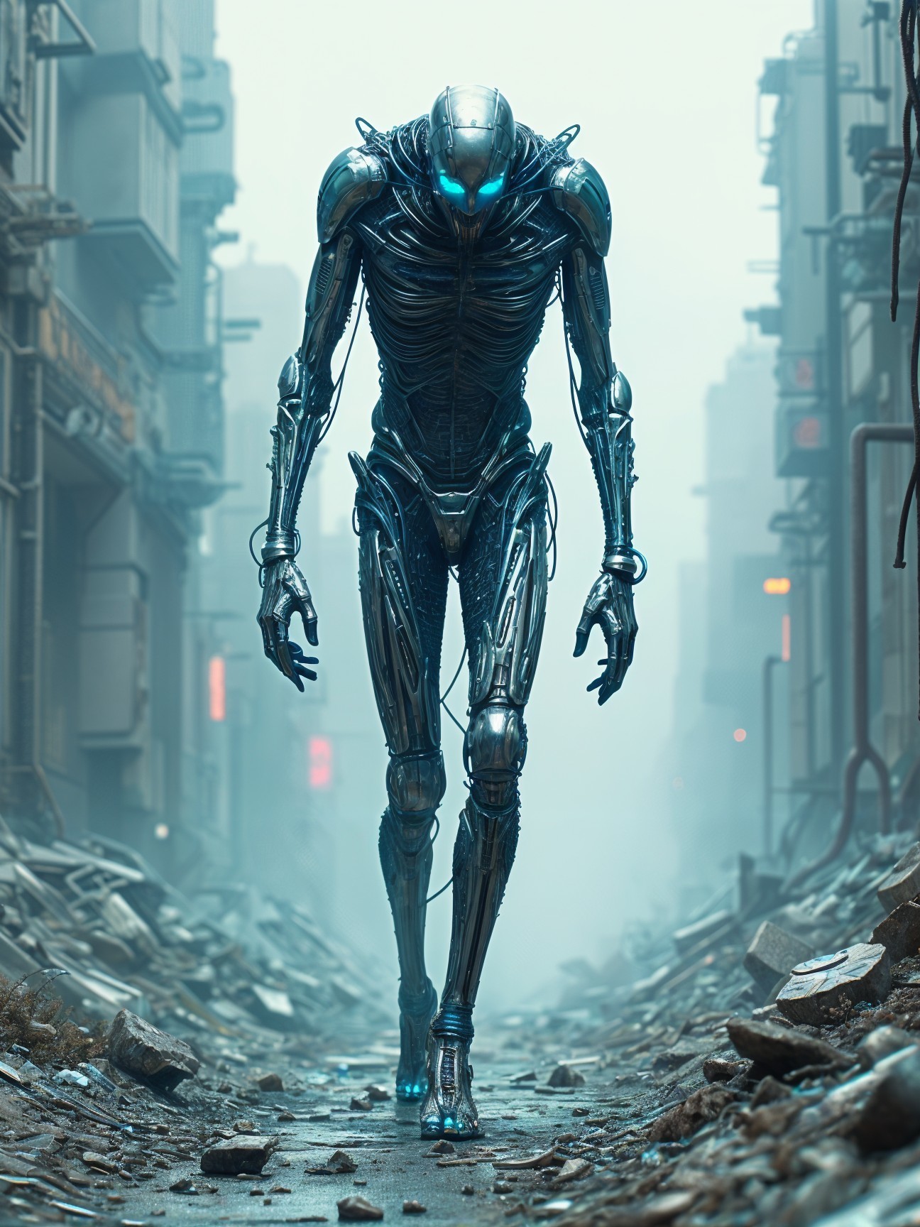 Humanoid Robot in Post-Apocalyptic Cityscape