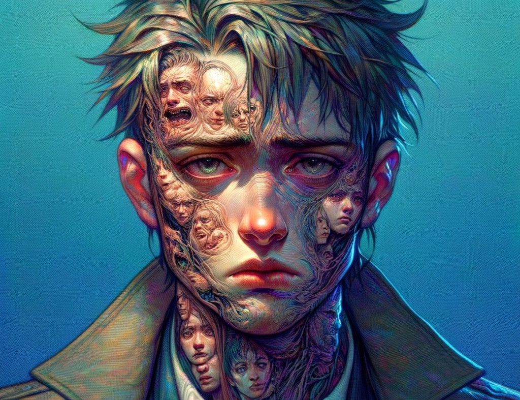 Surreal Portrait of a Young Man with Complex Emotions