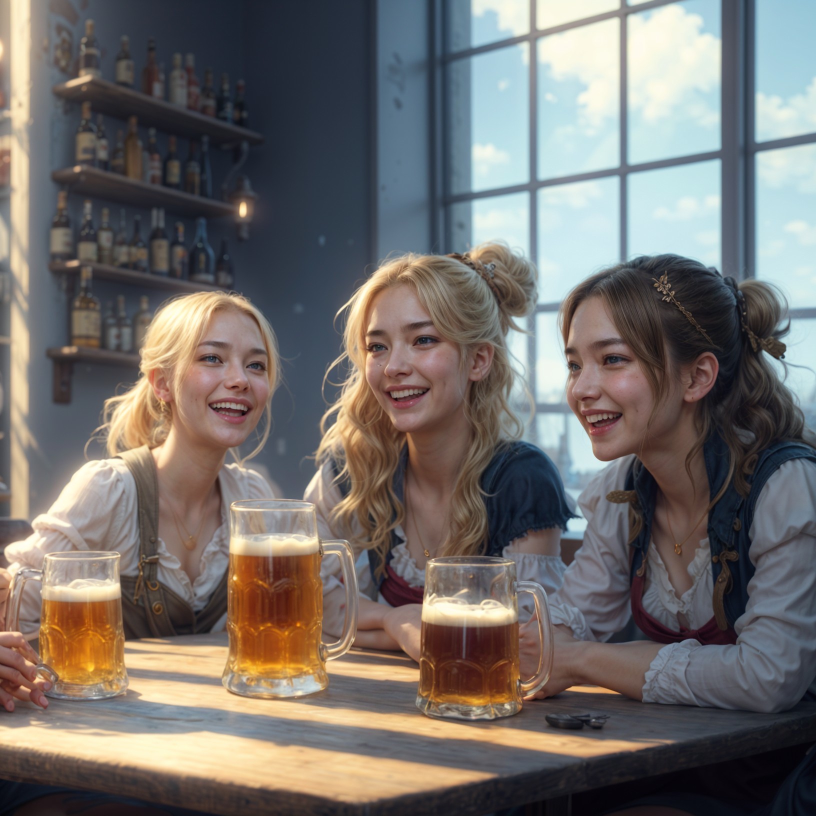 Young women enjoying drinks at a cozy bar setting