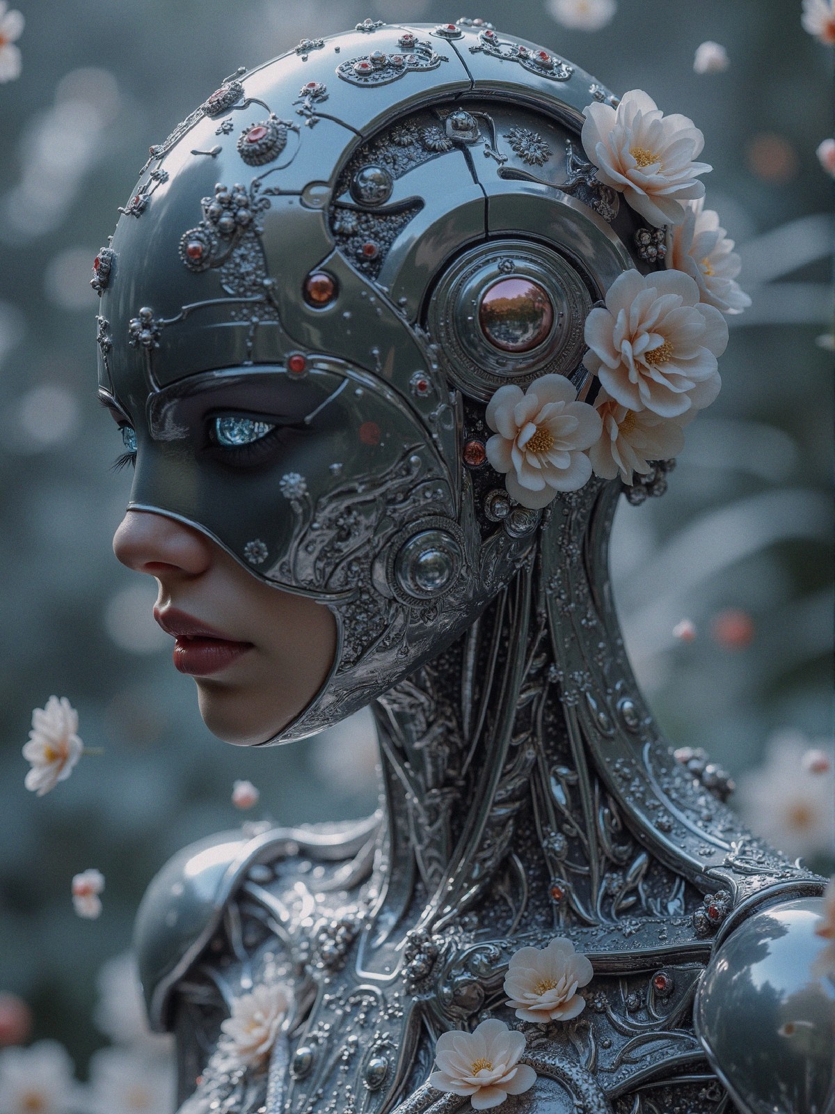 Futuristic Humanoid Robot Surrounded by Flowers