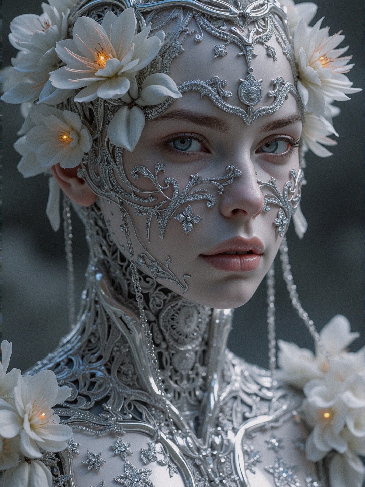 Ethereal Figure in Intricate Silver Armor and Mask
